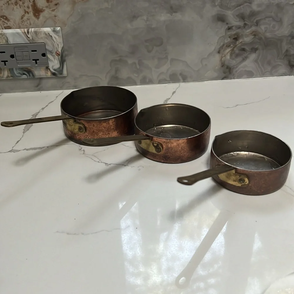 Set of 3 French Antique Copper Measuring Cups with Brass Handle